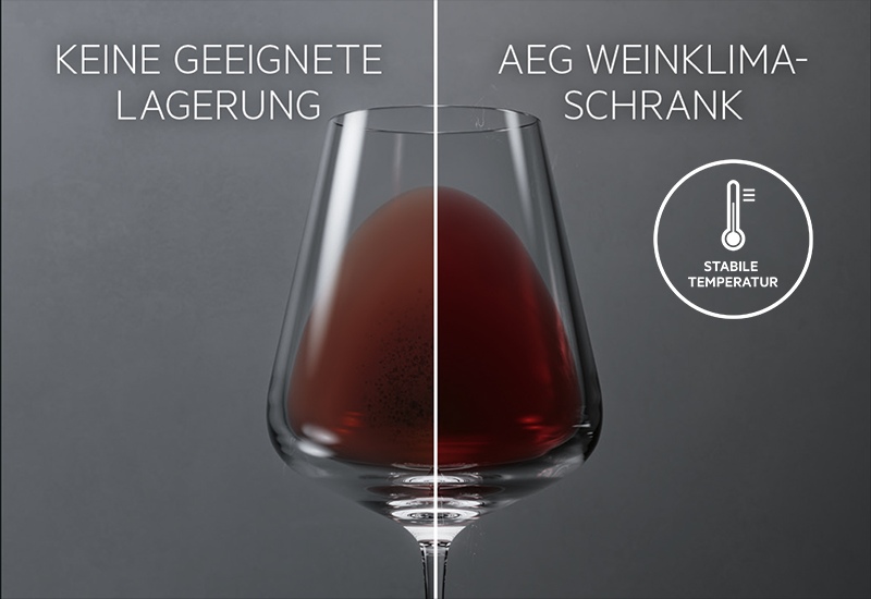 Weinglas, mit dem die richtig temperierter Wein gezeigt wird. 